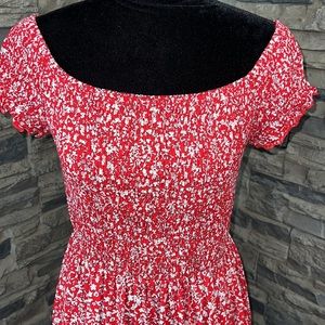 Off Shoulder Shirred Bodice Split Hem Ditsy Floral Dress